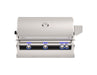 Stainless steel built-in gas grill with curved lid, analog thermometer, and blue LED-lit control knobs for premium outdoor grilling.