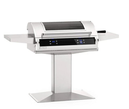 Modern stainless steel pedestal grill with digital touch controls, dual side shelves, and sleek hood for outdoor cooking convenience.