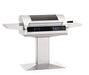 Modern stainless steel pedestal grill with digital touch controls, dual side shelves, and sleek hood for outdoor cooking convenience.