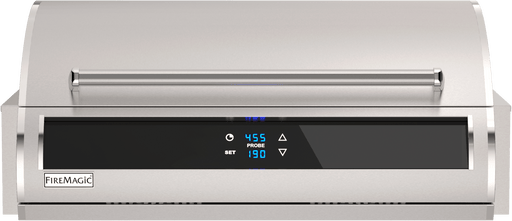 Built-in stainless steel gas grill with curved lid, digital touchscreen control panel, and temperature display for precision outdoor grilling.