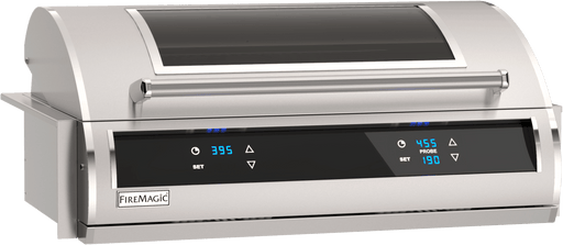 Modern built-in stainless steel gas grill with glass viewing window, digital touchscreen controls, and dual-zone temperature display.