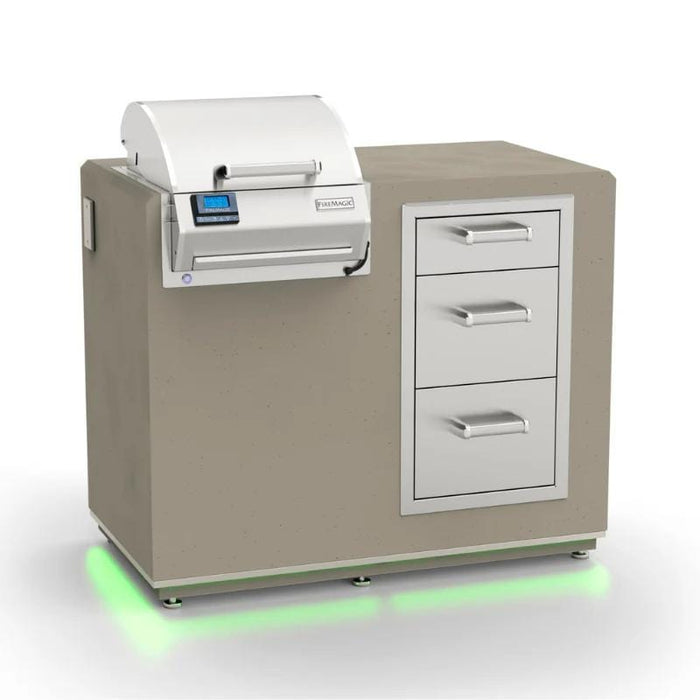 Outdoor kitchen island with built-in stainless steel grill, side drawers, and LED lighting at the base.