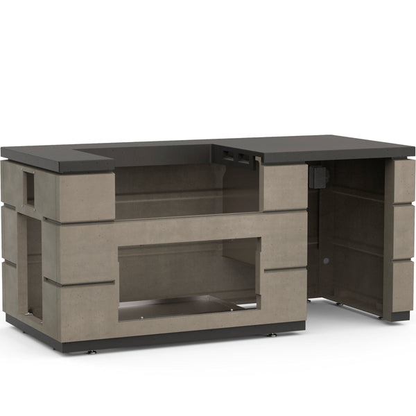 Outdoor kitchen island base with a concrete-style finish, L-shaped countertop, and cutouts for built-in appliances and storage.