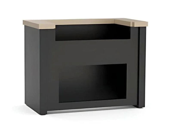 Outdoor kitchen island frame in black with beige countertop accents, designed with open cutouts for built-in grill and storage.