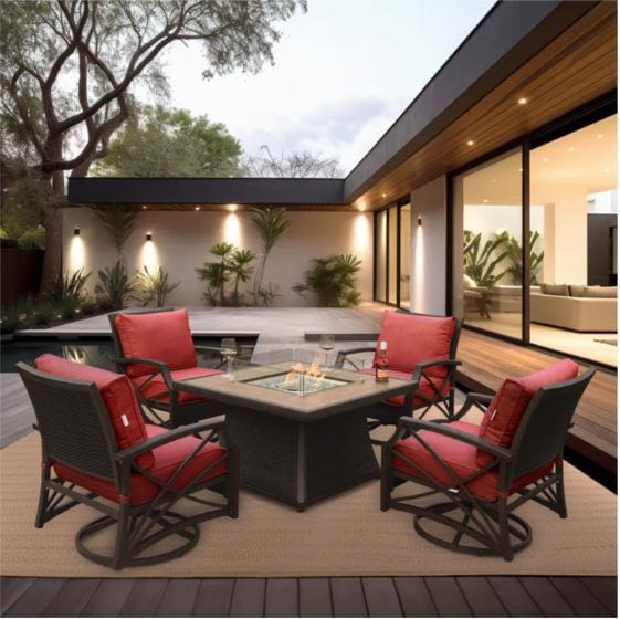 A square fire pit table with a glass enclosure, surrounded by red cushioned chairs on a patio with a pool in the background.