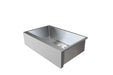 A stainless steel apron-front sink with a spacious rectangular basin, featuring a built-in grid and drain for modern kitchen setups.