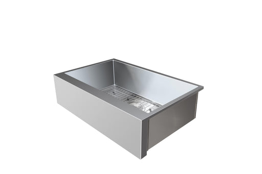 A stainless steel apron-front sink with a spacious rectangular basin, featuring a built-in grid and drain for modern kitchen setups.