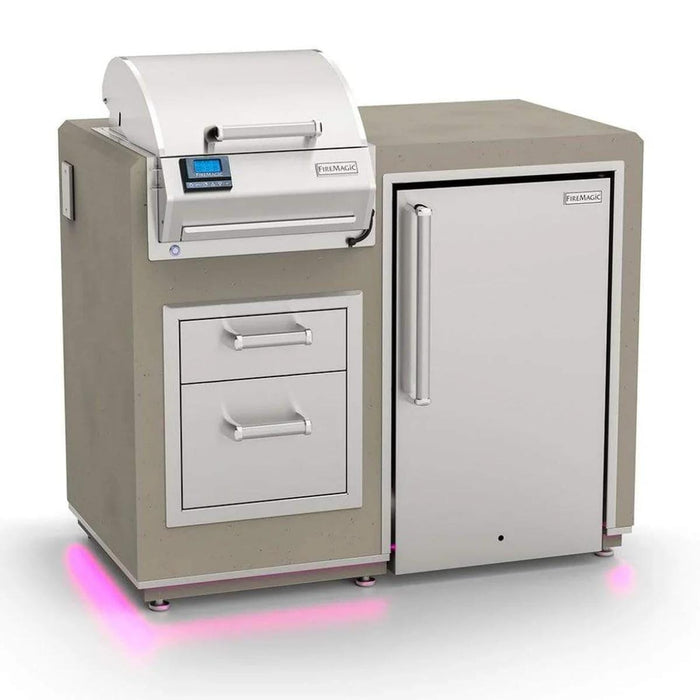 Outdoor kitchen island with built-in stainless steel grill, dual drawers, and a mini refrigerator with LED base lighting.