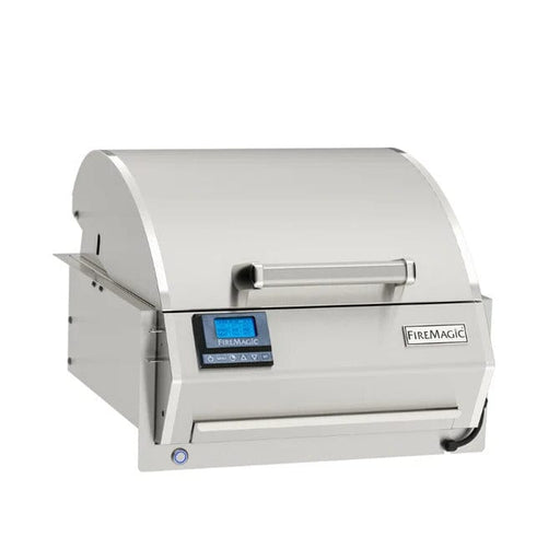 Stainless steel electric grill with curved hood, digital control panel, and sleek handle design for modern outdoor cooking.