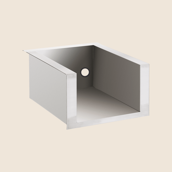 Stainless steel insulation liner with a circular vent opening on the back panel, designed for built-in outdoor kitchen appliances.