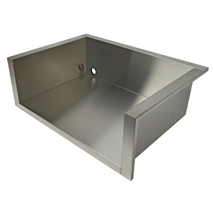 Open stainless steel drawer with a deep rectangular interior, clean brushed finish, and visible rear mounting port.