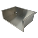 Open stainless steel drawer with a deep rectangular interior, clean brushed finish, and visible rear mounting port.