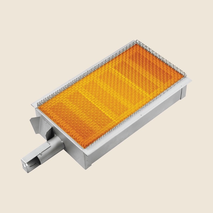 Rectangular ceramic infrared burner with glowing orange surface, designed for high heat and efficient outdoor grilling.