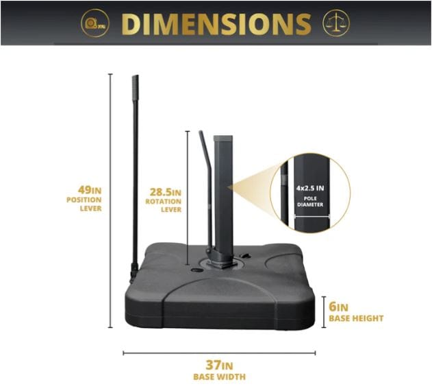 Umbrella base dimensions highlighted, featuring 49-inch position lever, 28.5-inch rotation lever, 37-inch width, 6-inch height, and pole diameter details.