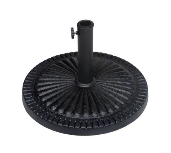 Black round umbrella base with a textured decorative pattern, sturdy central pole holder, and hand-turn knob for securing umbrella poles.