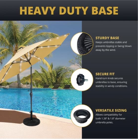 Patio umbrella secured by a heavy-duty base with a sturdy design, hand-turn knob for a secure fit, and compatibility with various pole sizes.