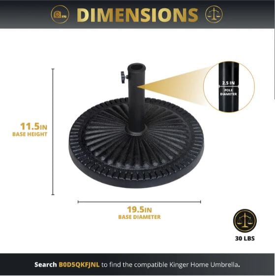 Black umbrella base with 19.5-inch diameter, 11.5-inch height, 30 lbs weight, and 2.5-inch pole diameter compatibility highlighted.