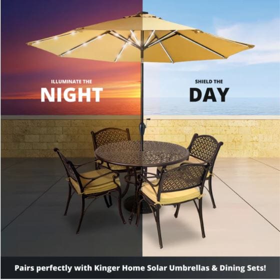 Outdoor patio setup with a yellow umbrella, illuminating the night with solar lights and providing daytime shade over a dining table and chairs.