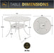 Infographic showing table dimensions: 41-inch diameter, 28.5-inch height, 13-inch shelf height, 36 lbs weight, and intricate lattice tabletop design.