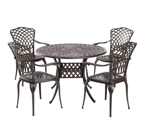 Round outdoor table with intricate lattice design and four matching chairs featuring armrests and curved legs, ideal for patio dining spaces.