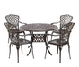 Round outdoor table with intricate lattice design and four matching chairs featuring armrests and curved legs, ideal for patio dining spaces.