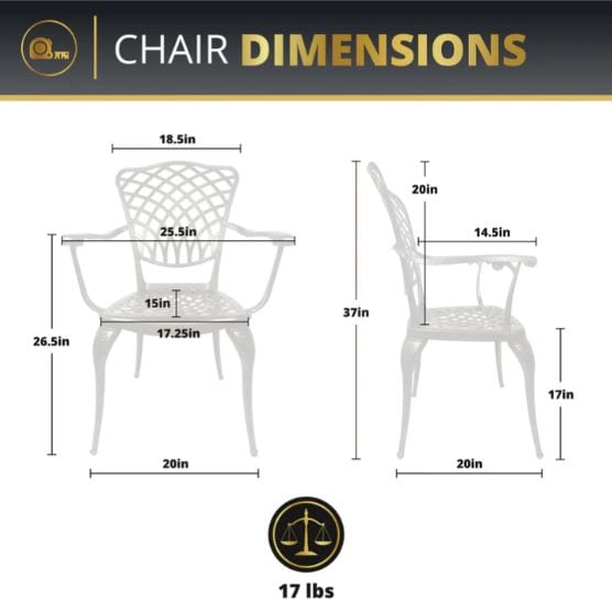 Infographic showing chair dimensions: 37-inch height, 25.5-inch width, 20-inch depth, 17.25-inch seat depth, and 17 lbs weight with lattice design.