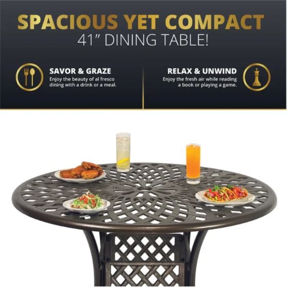 Infographic featuring a 41-inch round dining table with intricate lattice design, showcasing meals and drinks for al fresco dining and relaxation.