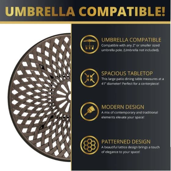 Infographic highlighting a round lattice-patterned tabletop, umbrella compatibility, spacious 41-inch design, and a blend of modern and traditional styles.