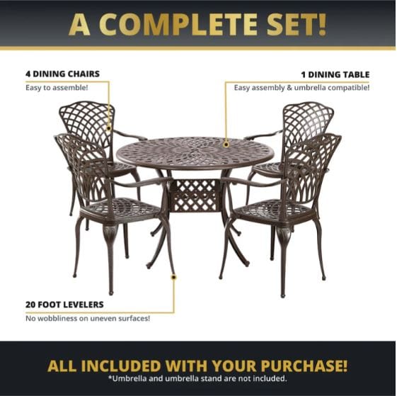 Infographic showing a complete outdoor dining set with four chairs, one round table, and 20 foot levelers for stability, easy assembly highlighted.