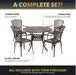 Infographic showing a complete outdoor dining set with four chairs, one round table, and 20 foot levelers for stability, easy assembly highlighted.