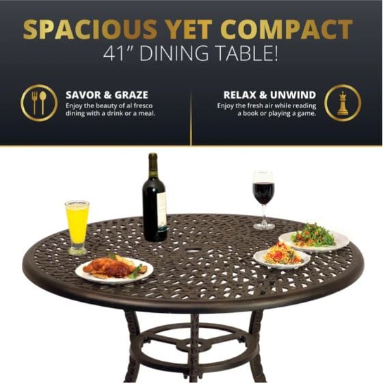 Round outdoor dining table with intricate lattice design, set with food and drinks, emphasizing its spacious yet compact 41-inch size.