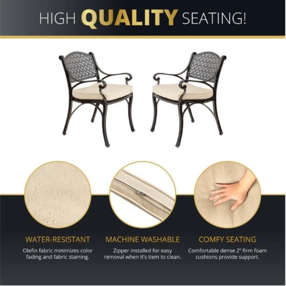 Two patio chairs with lattice backs and beige cushions, featuring water-resistant fabric, machine-washable covers, and comfortable foam padding.