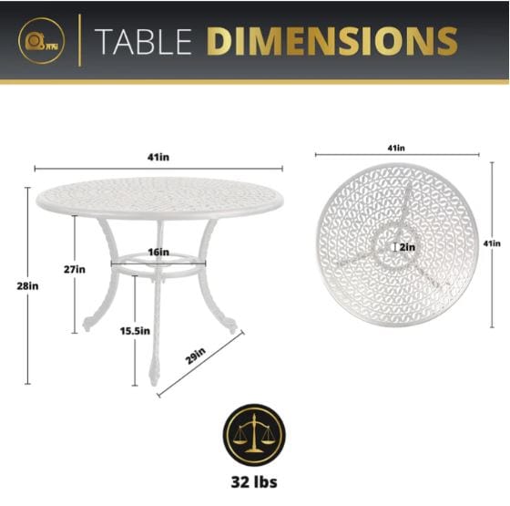 Round outdoor dining table with lattice design, 41-inch diameter, 28-inch height, and weighing 32 lbs, shown with detailed measurements.