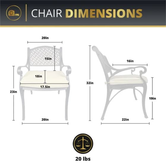 Patio chair with lattice design, 20-inch width, 32-inch height, and 22-inch depth, weighing 20 lbs, shown with detailed measurements.