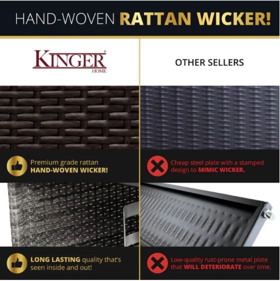 A comparison of hand-woven rattan wicker and stamped steel wicker, highlighting the durability and quality of the hand-woven rattan.