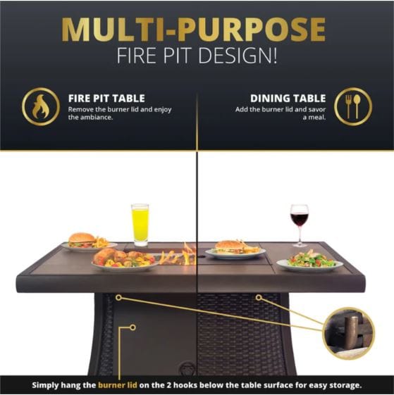 A fire pit table that can be used as a dining table by adding a burner lid, showing both configurations.