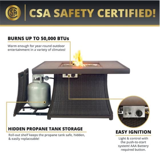 A square fire pit table with a propane tank hidden underneath and a control panel for easy ignition.