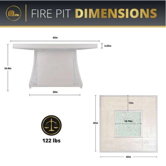 Dimensions and weight of a square fire pit table, including top surface, base, and burner area measurements.