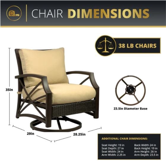 Dimensions and weight of a swivel chair with a tan cushion, includes seat height, depth, width, back height, arm height, and depth measurements.