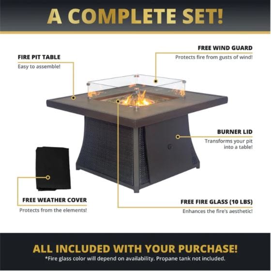 A square fire pit table with a glass enclosure, showing a lit fire and a burner lid. Includes free wind guard, weather cover, and fire glass.