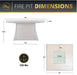 Dimensions and weight of a square fire pit table, including top surface, base, and burner area measurements.