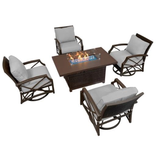 Outdoor fire pit set with four grey cushioned swivel chairs and a rectangular fire pit table, featuring a glass wind guard and modern wicker design.