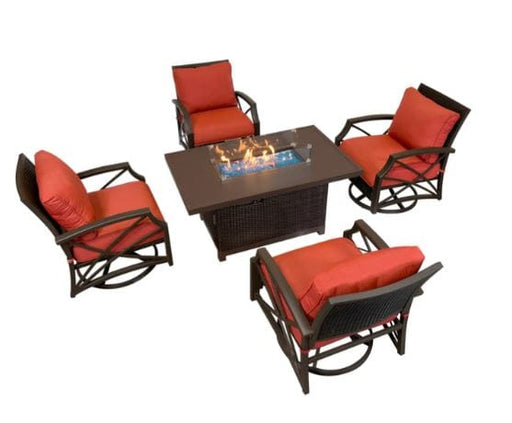 Outdoor fire pit set with four red cushioned swivel chairs and a rectangular fire pit table, featuring a glass wind guard and modern wicker design.