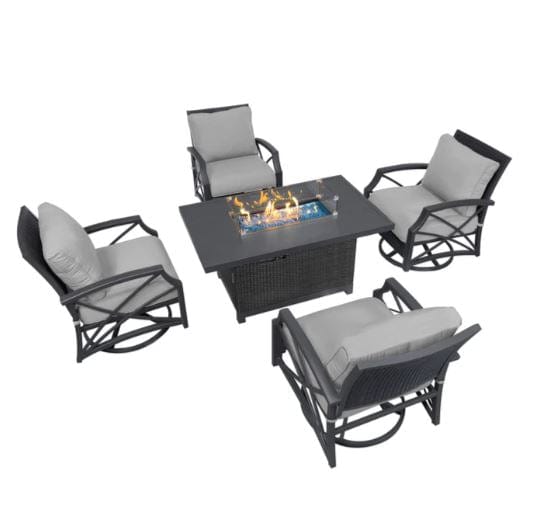 Outdoor fire pit set featuring a rectangular fire pit table with flames and four swivel chairs with gray cushions, perfect for any patio.