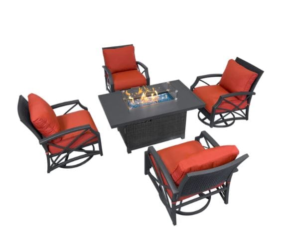 Outdoor fire pit set featuring a rectangular fire pit table with flames and four swivel chairs with red cushions, perfect for any patio.