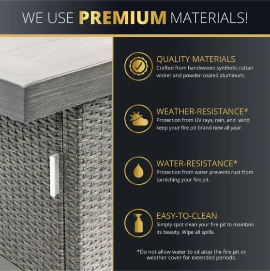 Promotional graphic highlighting premium materials, including synthetic rattan and aluminum, with features like weather resistance, water resistance, and easy cleaning.