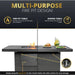 Graphic showcasing a multi-purpose fire pit design that transitions from a fire pit table for ambiance to a dining table for meals, with storage hooks for the burner lid.