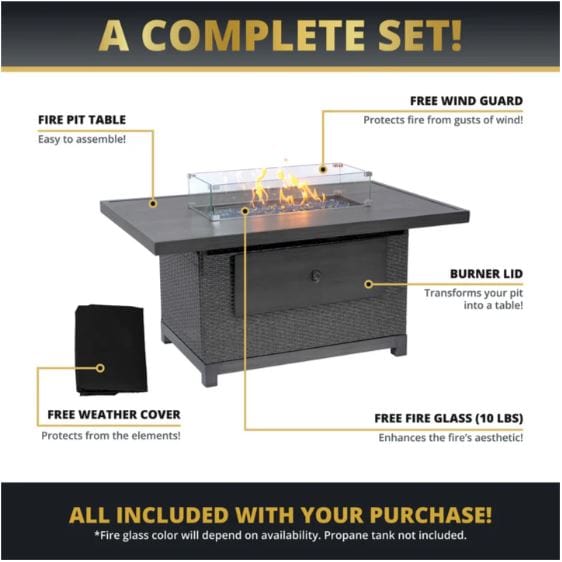 Graphic displaying a complete fire pit set, including a fire pit table, free wind guard, burner lid, 10 lbs of fire glass, and a weather cover.