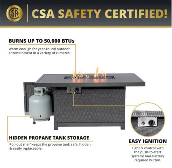 CSA-certified fire pit with 50,000 BTUs of heat, hidden propane tank storage, and easy push-button ignition for safe and efficient outdoor use.