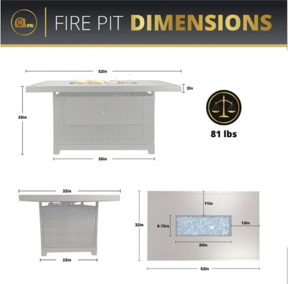 Fire pit dimension chart showing measurements of 52"x35"x25", with detailed burner area dimensions and a total weight of 81 lbs.